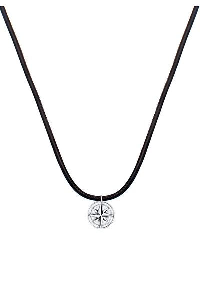 KUZZOI Necklace Herren Lederkette Kompass Anhänger 925er Silber