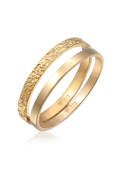 ELLI Ring Damen Band Basic 2er Set Gehämmert in 375 Gelbgold