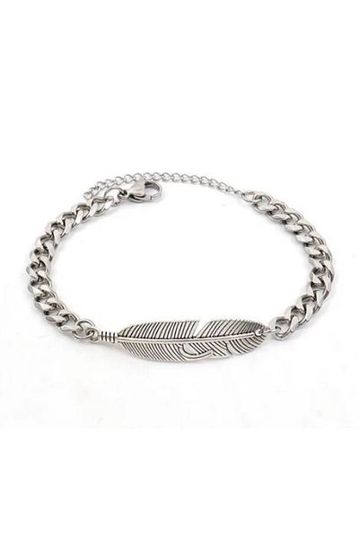 REDz Accessories Feather Bracelet, Feather Pendant, Metal Link Chain, Men, Fashion, Silver