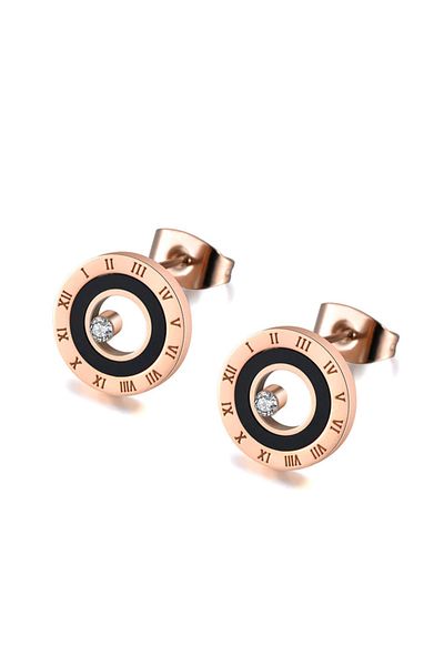 REDz Accessories Simple Earrings With Roman Numerals, Zirconia Stone, Rose-gold/black