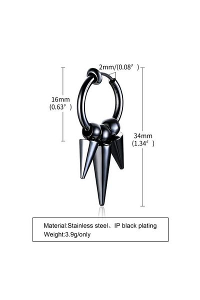 REDz Accessories Cercei cu țepi, stil gotic punk, pentru bărbați, închidere cu clip, la modă, oțel inoxidabil, negru