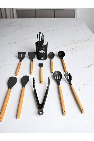 GUNES ZUCCACIYE Bamboo Handle Heat Resistant Silicone Kitchenware Set 12 Pieces