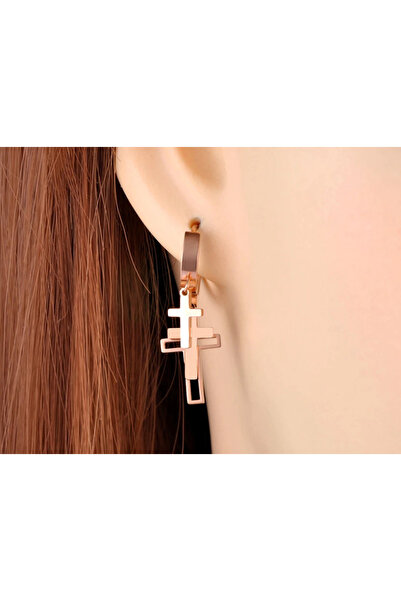 REDz Accessories Cercei tripli cu cruciulit, oțel inoxidabil, auriu-roz