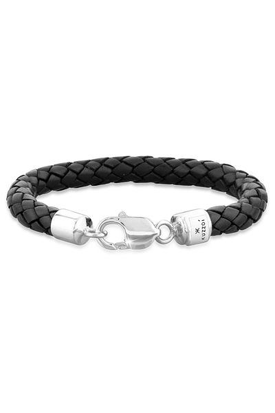 KUZZOI Armband Leder geflochten schwarz schlicht Karabinerverschluss 925 Sterling Silber