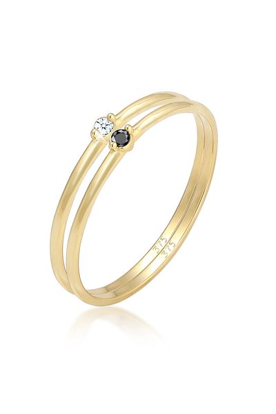 ELLI Ring Solitär Schwarz Weiss Diamant (0.03 CT.) 375er Gelbgold