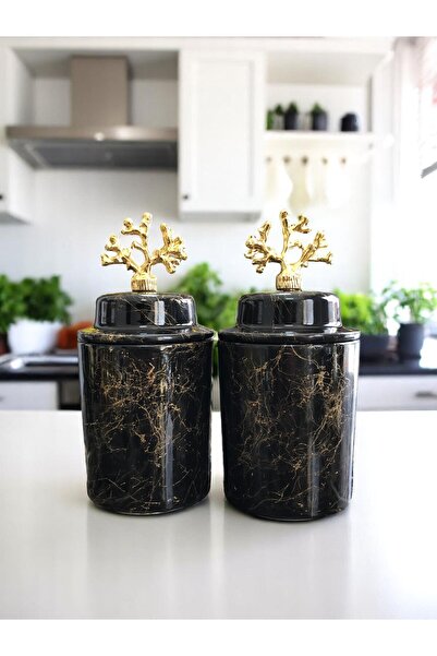 ferayhome Mutfak ve Salon Aksesuarı Dekoratif Obje Baharatlık Silindir 2 li Seramik Kapaklı Siyah Mermer Gold
