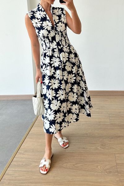 Suzi Corsetted Waist Padded Flower Patterned Dress 1028