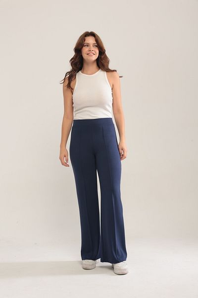 XORVİO Women's Navy Blue Wide Leg Modal Fabric Leggings Trousers Soft Textured Lycra Front Ribbed Wide Fit