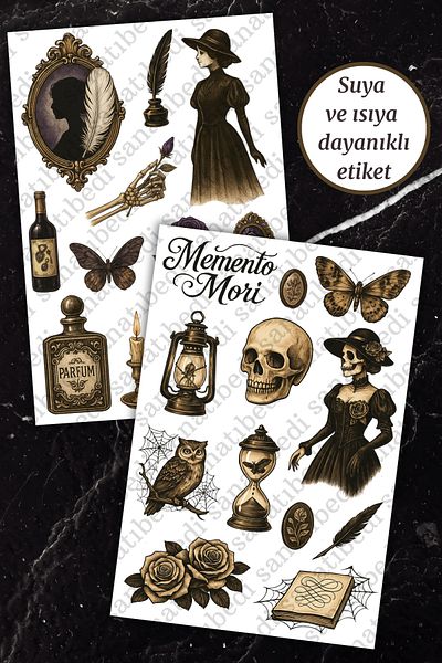 sanatıbedi 2 Sheets Skull Vintage Themed Gothic Sticker - Motor Helmet Laptop Phone Tablet Agenda Sticker