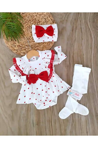 bebe kervanı Kalp Temalı Beyaz %100 Pamuklu Cıtçitlı Badi Elbise Takım BBK1402
