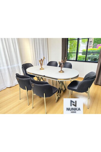 NUNKA HOME 6 Kişilik Arya Gold Line BabyFace Kumaş Mdf Lak Panel Beyaz Masa Takımı Modern Ve Şık