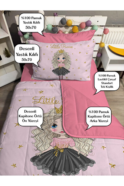 yok yok evim eve dair her şey Quilted Pink Pirencess 4-Piece (100% Cotton 100X200 with Elastic Sheets) Single Bedspread Set
