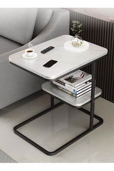 Taimi Side Table with 2-Tier Storage and Metal Frame, C-Shaped Coffee Table for Sofa- 50x30x58 cm - White