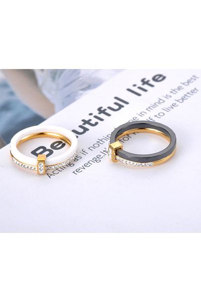 REDz Accessories Inel de damă, pietre argintii, auriu/negru - mărimea 7 (59 mm)
