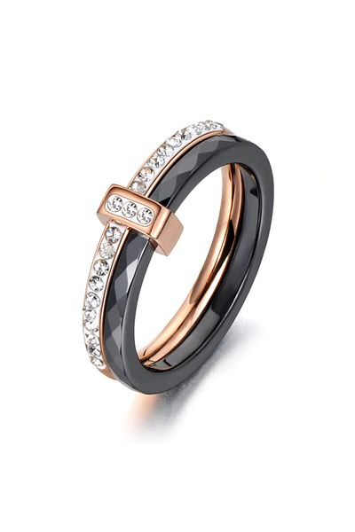 REDz Accessories Women's Ring Ceramic, Crystals, Black/rose-gold - Size 7 (59MM)