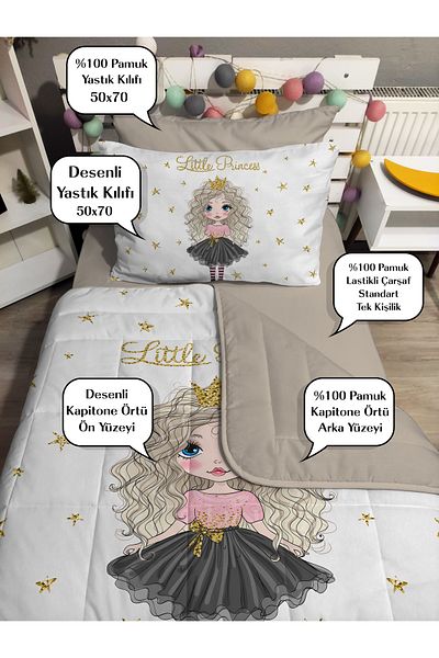 yok yok evim eve dair her şey Quilting Silicone Fiber Filled Little Pi̇rencess 4 Pcs Single Bed Cover Fitted Sheet Set
