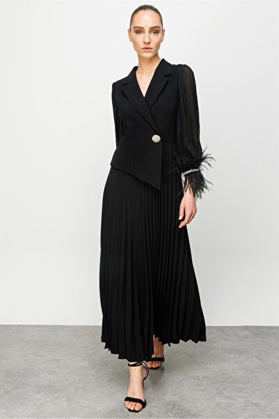 Eskişehir Mağazacılık 6589 MODAİLGİ PLİSE DETAYLI MANŞETİ OTRİŞLİ UZUN ELBİSE