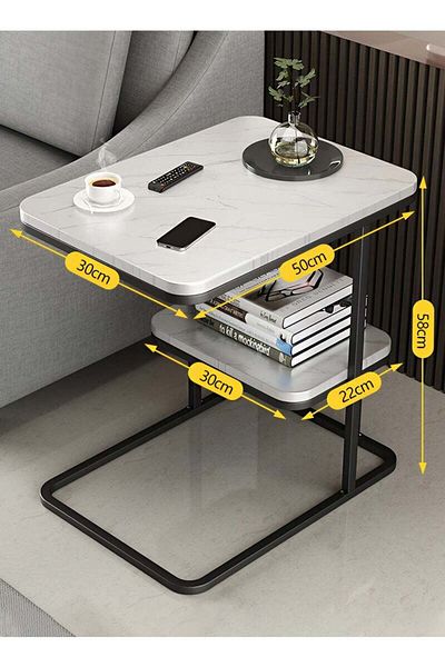 Taimi Side Table with 2-Tier Storage and Metal Frame, C-Shaped Coffee Table for Sofa- 50x30x58 cm - White