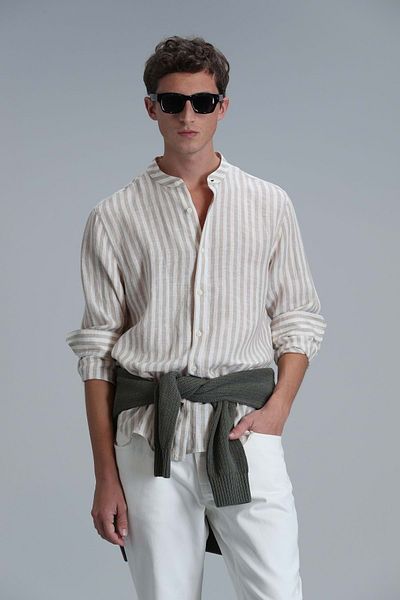 Lufian 111010624 Fast Hakim Collar Basic Shirt Comfort Fit Men's Shirt Beige