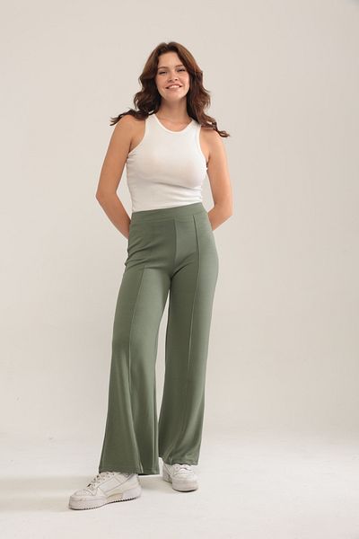 XORVİO Women's Khaki Color Wide Leg Modal Fabric Leggings Trousers Soft Textured Lycra Front Ribbed Wide Fit