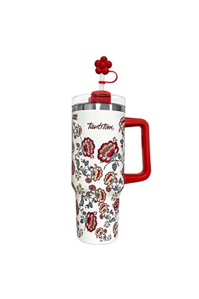 Tantitoni Stainless Steel Thermos Rose Patterned Glass with Straw 1.2 Lt