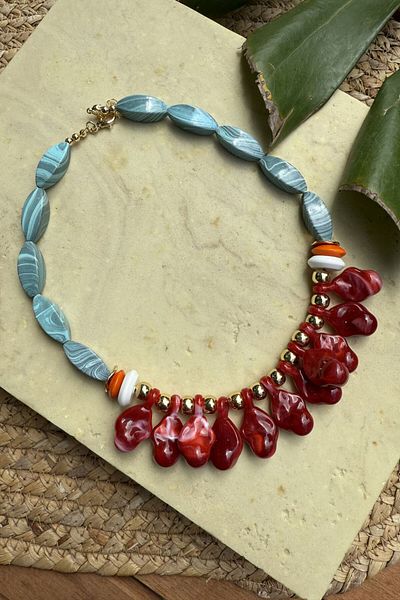 My Joyas Design Zr Model Mid Shaped Coral Edges Turquoise Necklace 47cm