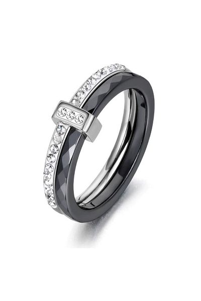 REDz Accessories Inel de damă, pietre argintii, argintiu/negru - mărimea 7 (59 mm)