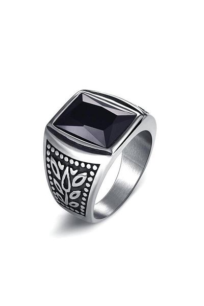 REDz Accessories Ghiul Ring, Black Stone And Pattern, Men, Stainless-steel, Fashion Design, Silver - Size 12 (72.3MM)