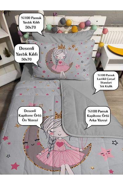 yok yok evim eve dair her şey Quilted Silicone Fiber Filled Girl Sitting on Moon 4 Pcs Single Bed Cover Fitted Sheet Set