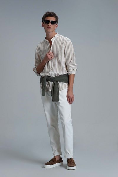 Lufian 111010624 Fast Hakim Collar Basic Shirt Comfort Fit Men's Shirt Beige