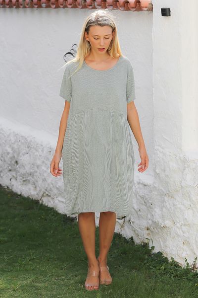 Chiccy Χακί στρογγυλή λαιμόκοψη ριγέ κοντομάνικο casual φόρεμα - ιταλική ύφανση