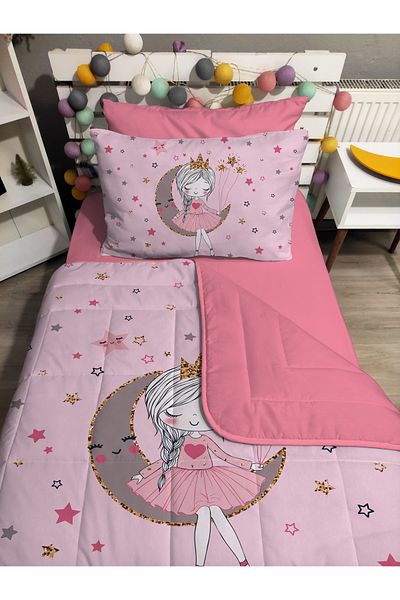 yok yok evim eve dair her şey Set cuvertură de pat de o persoană roz matlasat Moon And Girl 4 piese (100% BUMBAC 100X200 CU Cearșaf elastic)
