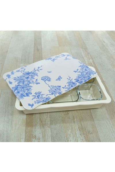 Pinkev Set of 6 Glass Breakfast Bowls with Melamine Tray - Blue Floral