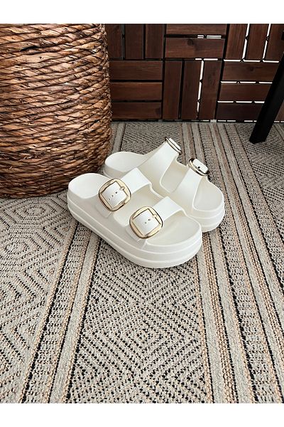 Behtah Kundura High Double Buckle Thick Soled Slide Slippers Garden Beach Pool Sea Summer Daily Slippers