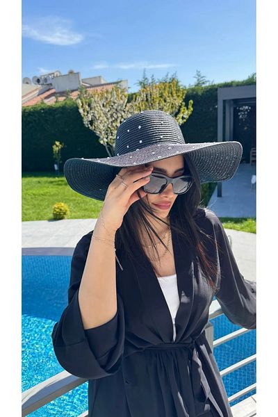 BALIENTE Black Stone Embroidered Wide Straw Women's Hat
