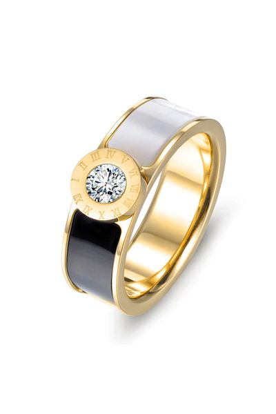 REDz Accessories Women's Ring, Roman Numerals, Zirconia Stone, Gold/Black/Grey -