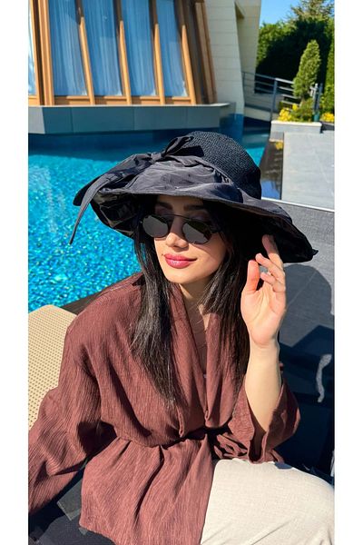 MARBERRY Black Fabric and Hand Knitted Straw Bucket Women's Hat