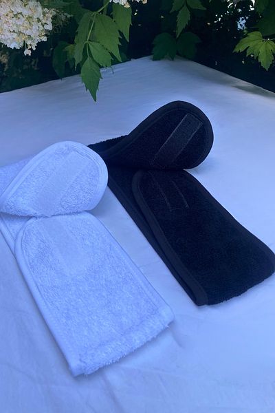 Mokita Home Hair Band 2-Piece Black-White Set Athlete Bandana Towel Women & Men Makeup Yoga Spa Velcro Tape Bias