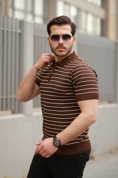 Moka Shopin Mokashopin Men's Zipper Collar Striped Short Sleeve T-Shirt