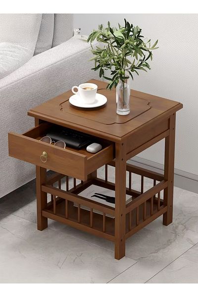 Cady One Two-Tier Wooden Side Table with Drawer and Storage Shelf 30*30*49cm