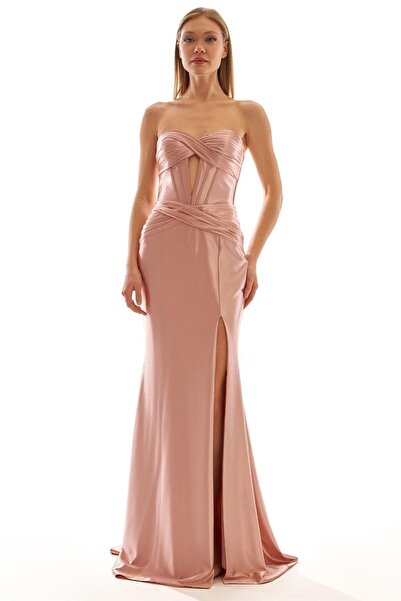 Elbisemhazır Straplez Yaka Dekolteli Saten Kadın Uzun Abiye Elbise