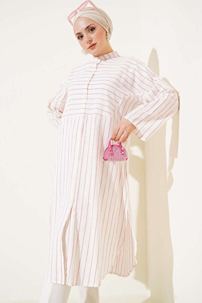 LyLGyM FASSION IS PASSION قميص كتان طويل مخطط غير متماثل باللون الوردي