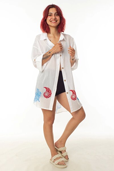 İZMİR ASKERİ MALZEME White Color Linen Woven Dolphin Fish Pattern Long Sleeve...