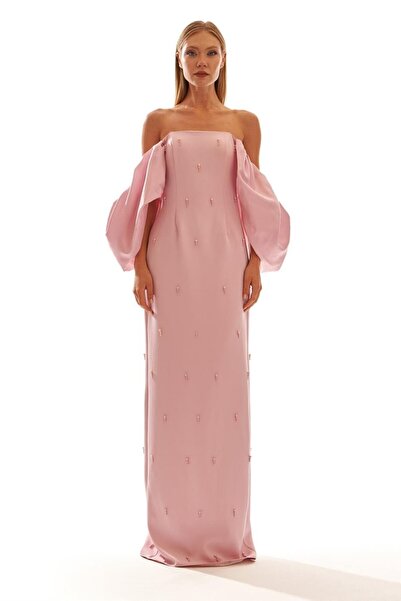 Elbisemhazır Straplez Omuz Dekolteli Arka Yırtmaçlı İnci Taş Detaylı Krep Kad...