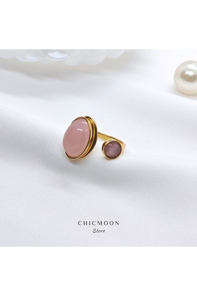 CHICMOON STORE Steel gold color pink stone adjustable ring