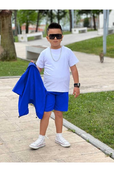 Burçak Butik Boys' Summer Linen Fabric Shirt Shorts Bottom Top Holiday Set of 2
