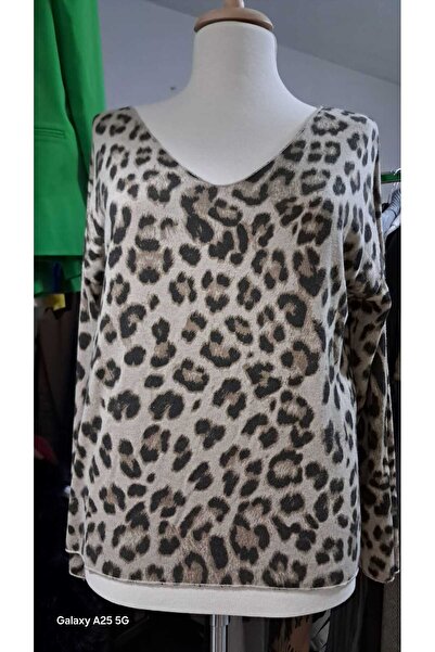 Z&A V yaka leopar desen uzun kollu ince triko bluz
