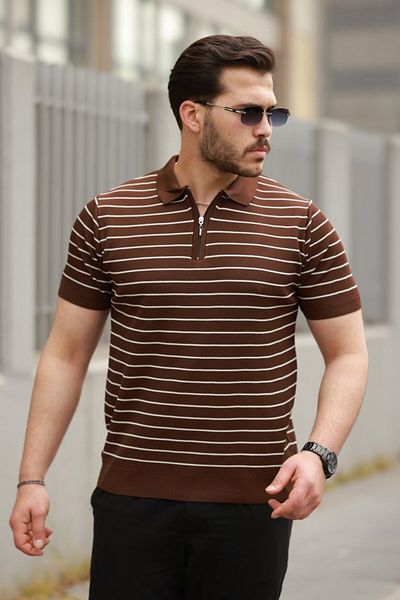 Moka Shopin Mokashopin Men's Zipper Collar Striped Short Sleeve T-Shirt