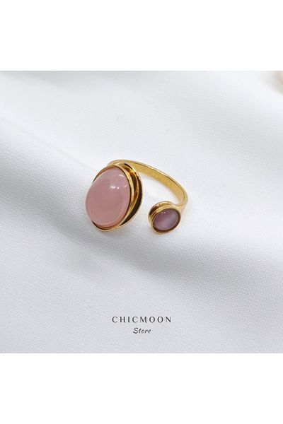 CHICMOON STORE Steel gold color pink stone adjustable ring