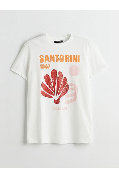 LC Waikiki Γυναικείο μπλουζάκι με στάμπα Santorini Crew Neck